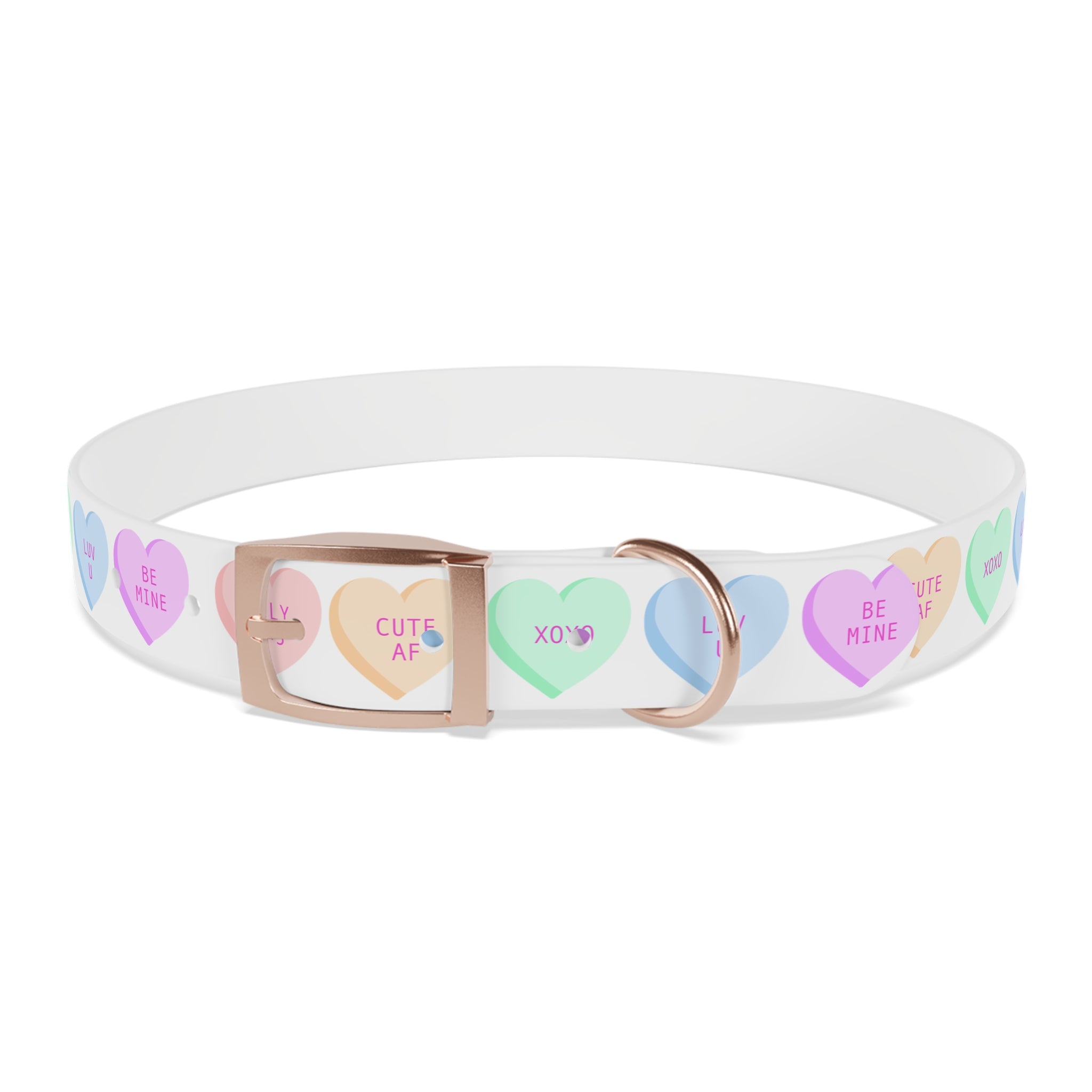 Conversation Hearts Dog Collar – Pastel Valentine Pet Collar (“ILV <3”, “CUTE AF”, “XOXO”)