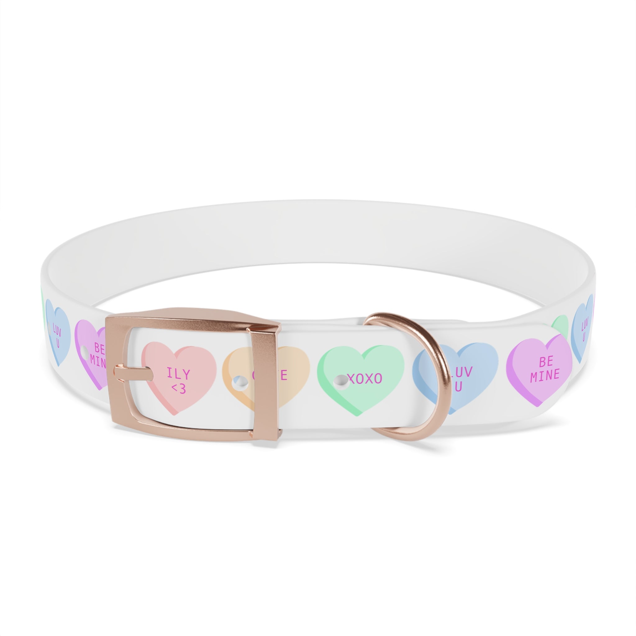 Conversation Hearts Dog Collar – Pastel Valentine Pet Collar (“ILV <3”, “CUTE AF”, “XOXO”)