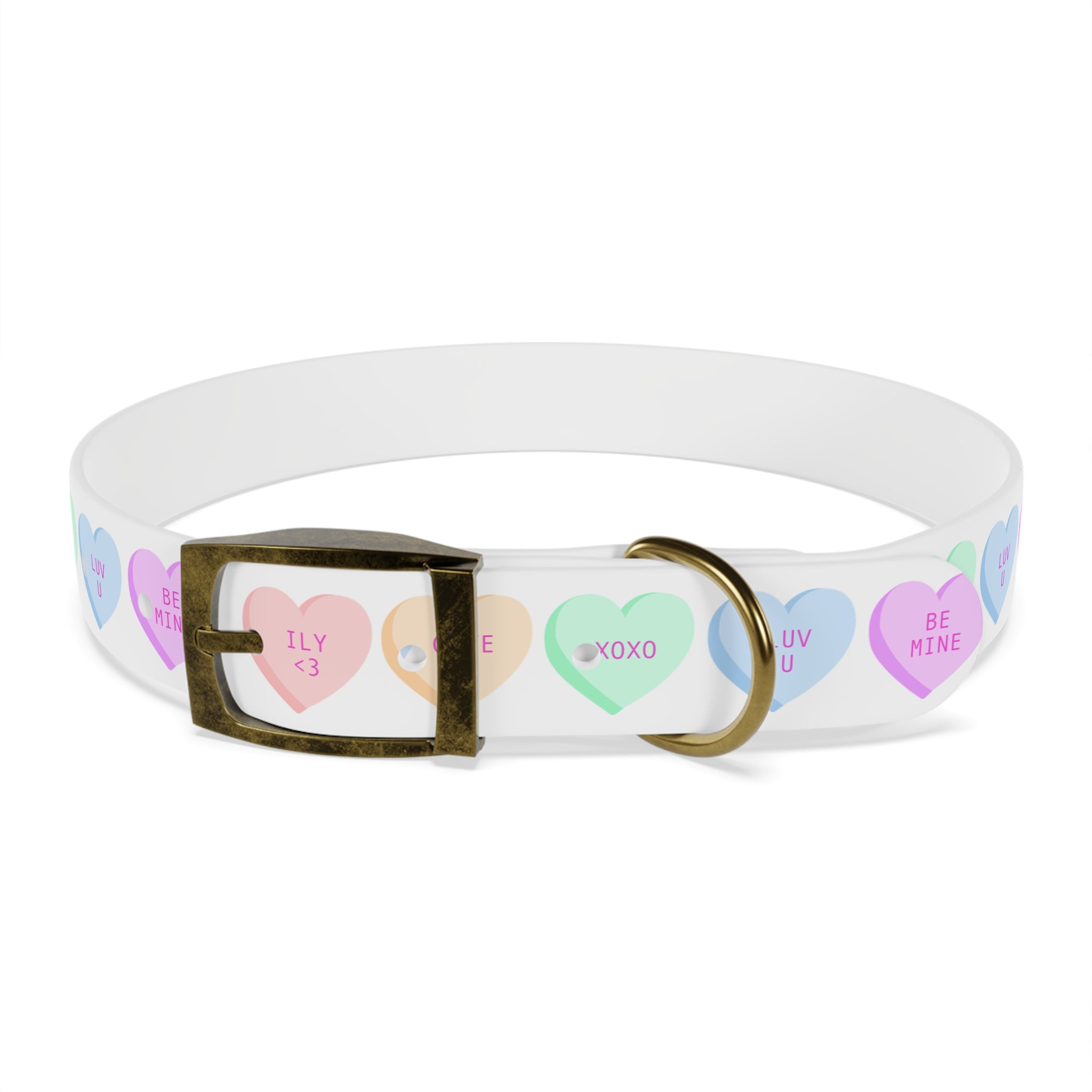 Conversation Hearts Dog Collar – Pastel Valentine Pet Collar (“ILV <3”, “CUTE AF”, “XOXO”)
