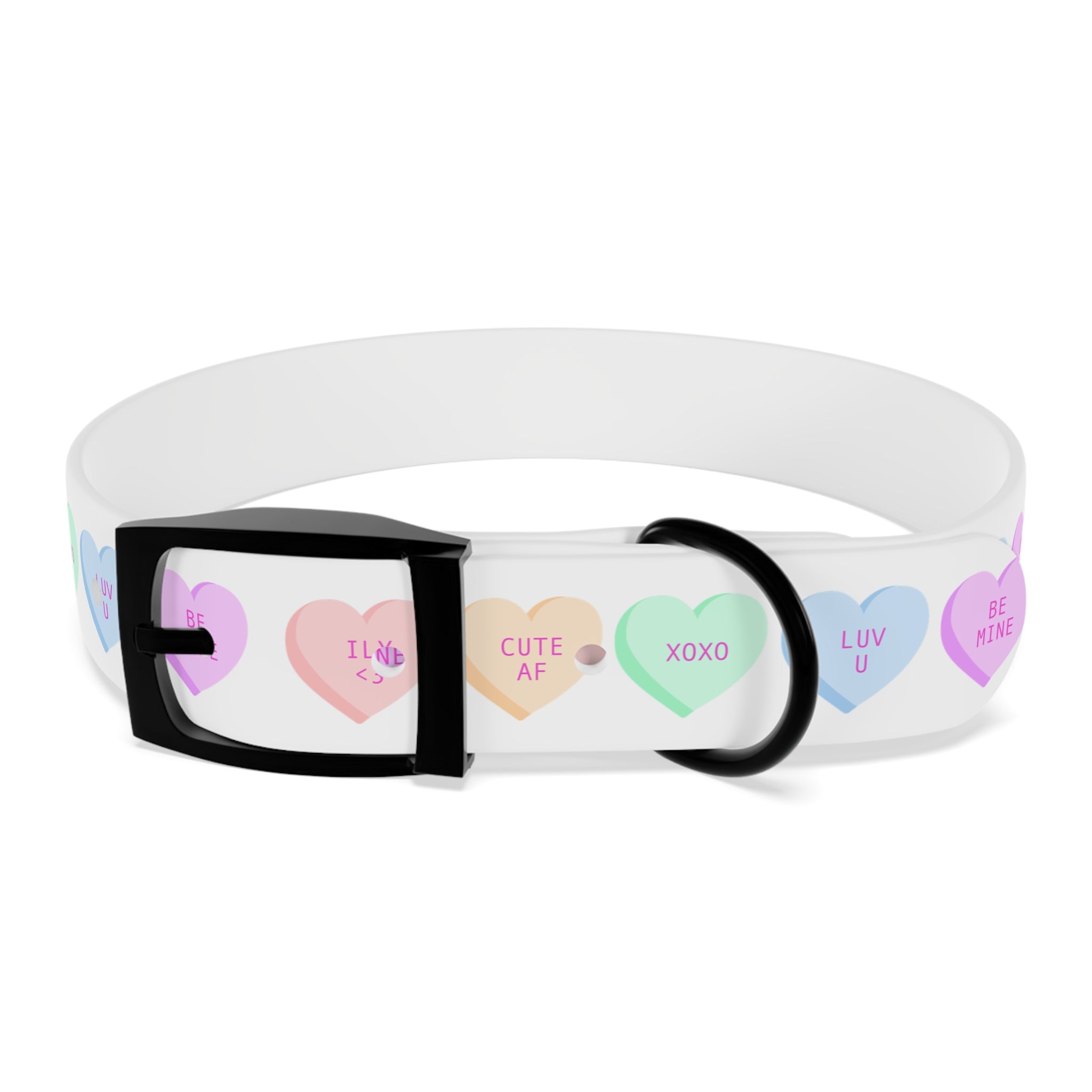Conversation Hearts Dog Collar – Pastel Valentine Pet Collar (“ILV <3”, “CUTE AF”, “XOXO”)
