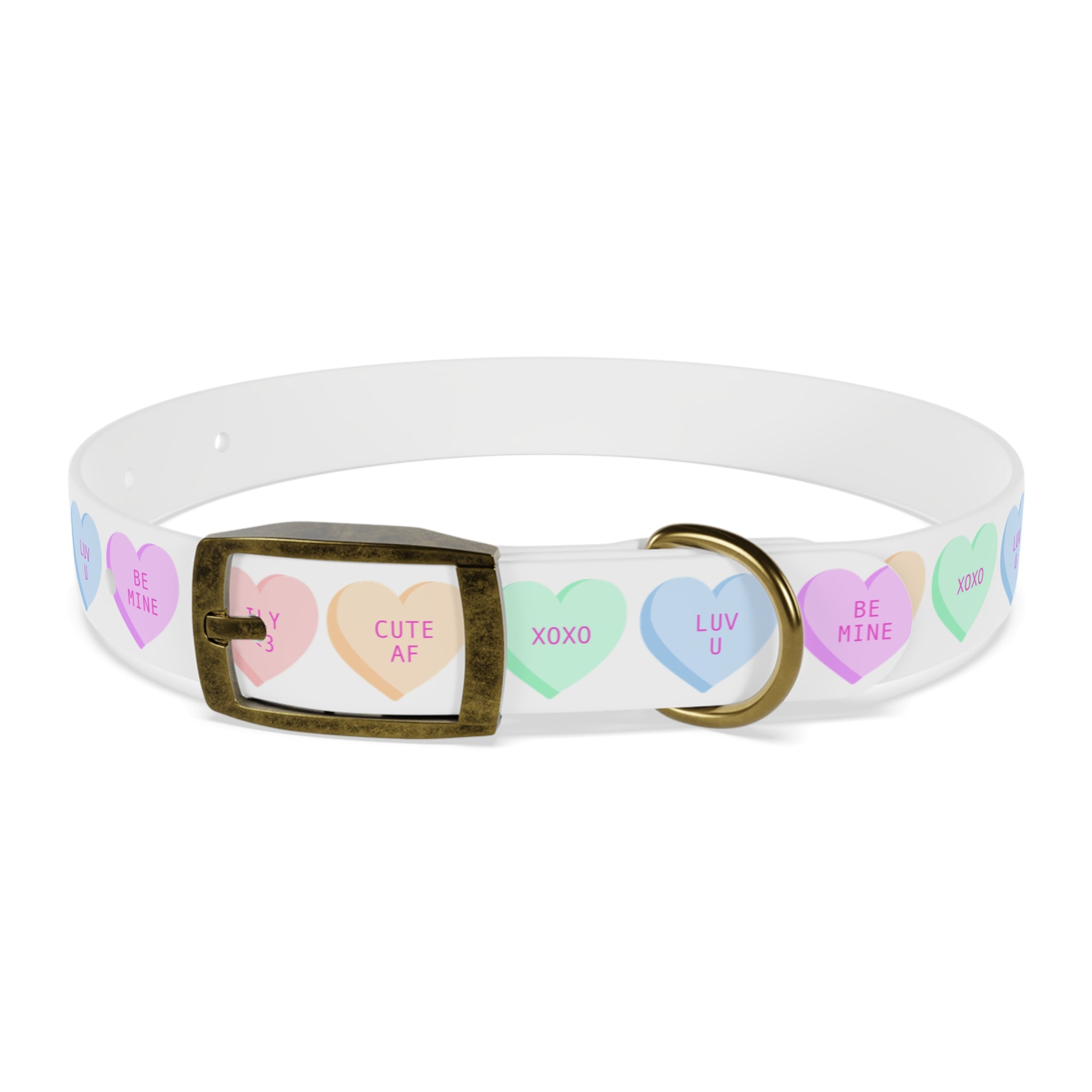 Conversation Hearts Dog Collar – Pastel Valentine Pet Collar (“ILV <3”, “CUTE AF”, “XOXO”)