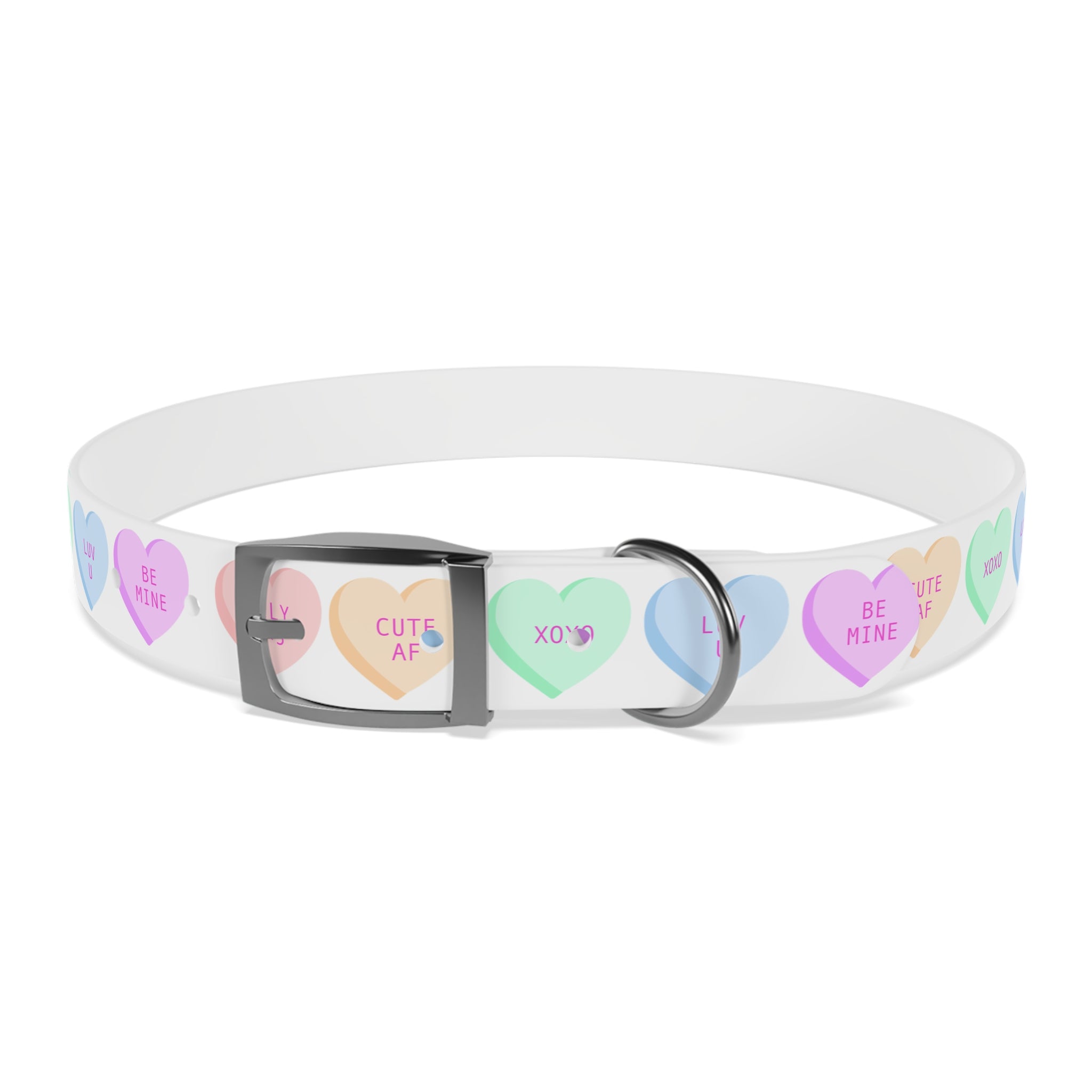 Conversation Hearts Dog Collar – Pastel Valentine Pet Collar (“ILV <3”, “CUTE AF”, “XOXO”)