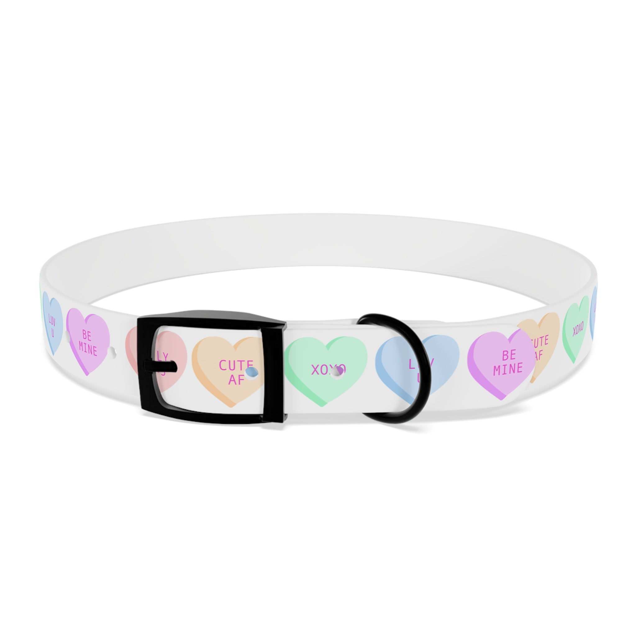 Conversation Hearts Dog Collar – Pastel Valentine Pet Collar (“ILV <3”, “CUTE AF”, “XOXO”)