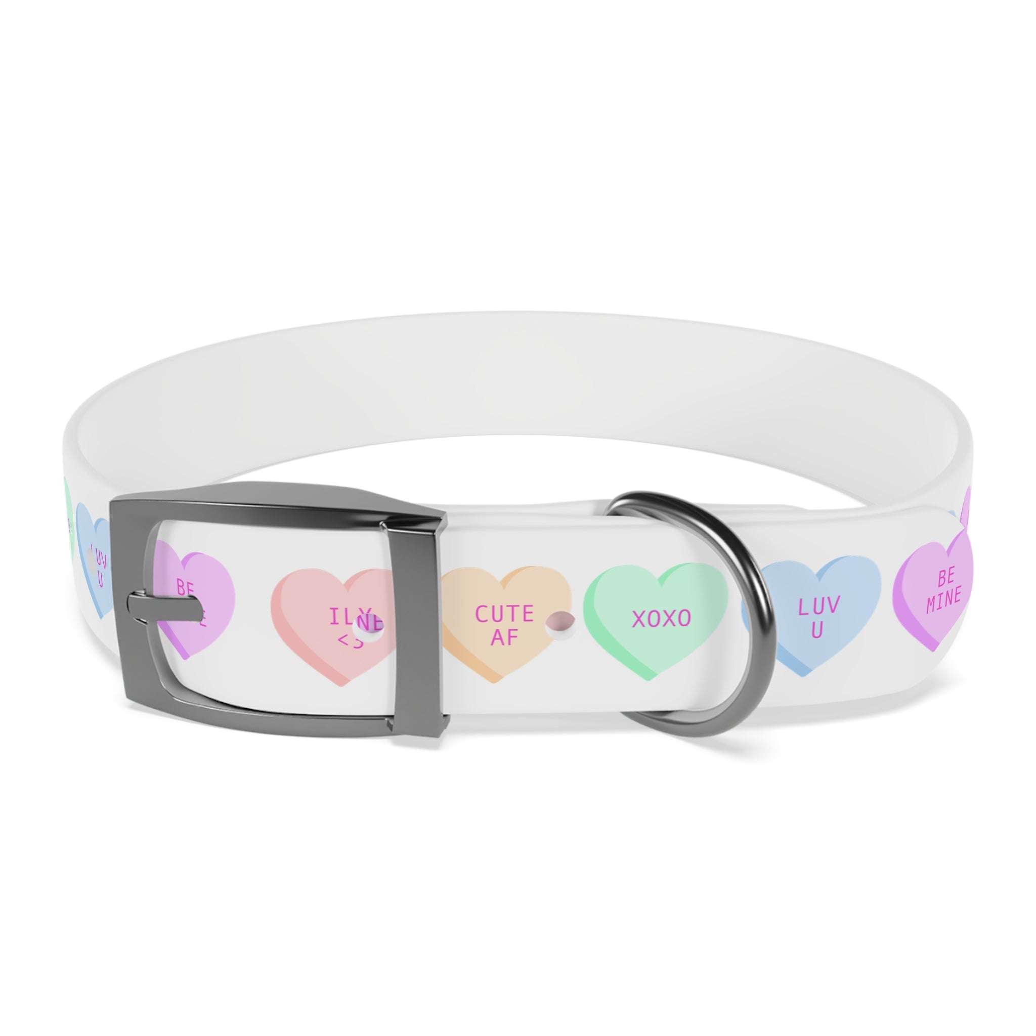 Conversation Hearts Dog Collar – Pastel Valentine Pet Collar (“ILV <3”, “CUTE AF”, “XOXO”)