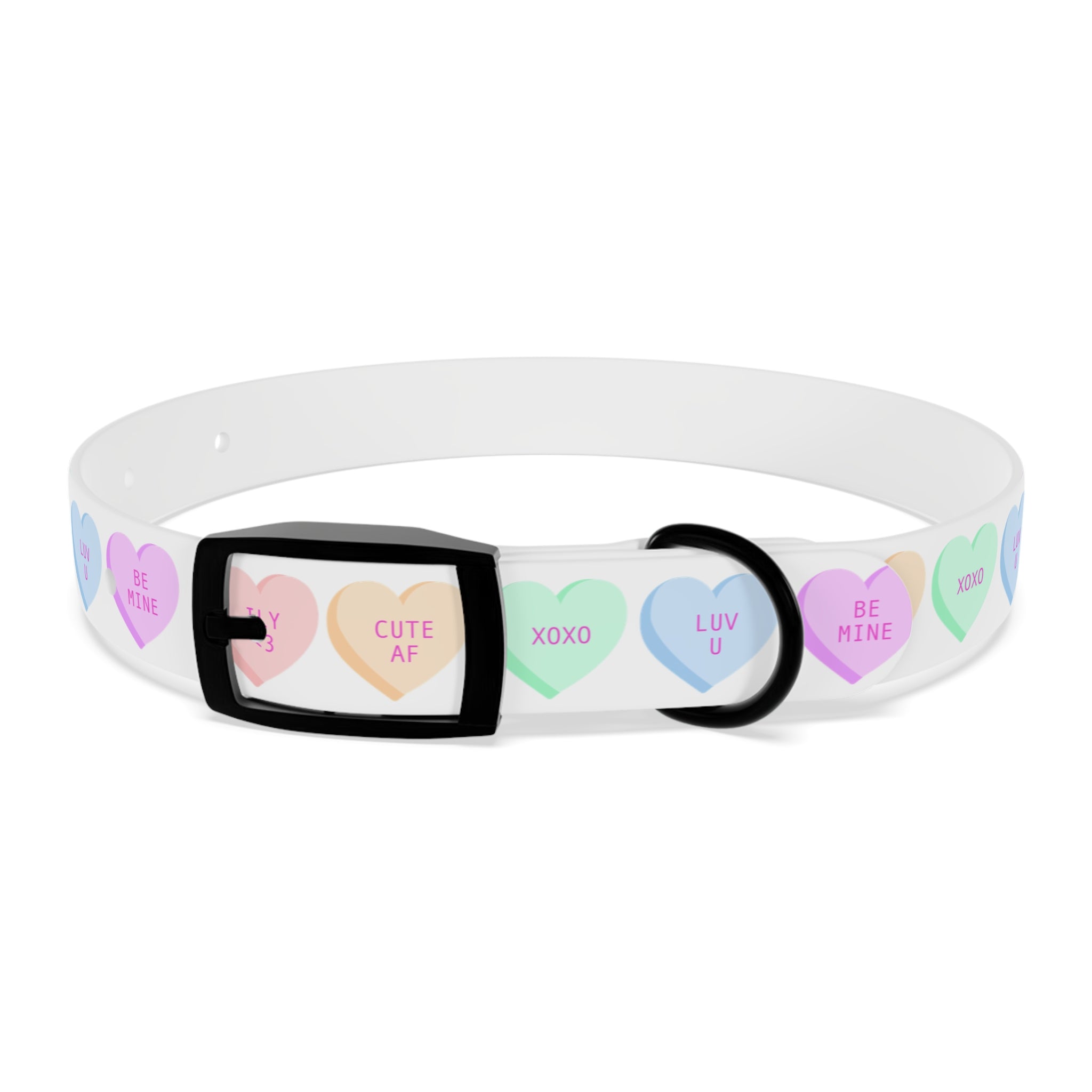 Conversation Hearts Dog Collar – Pastel Valentine Pet Collar (“ILV <3”, “CUTE AF”, “XOXO”)