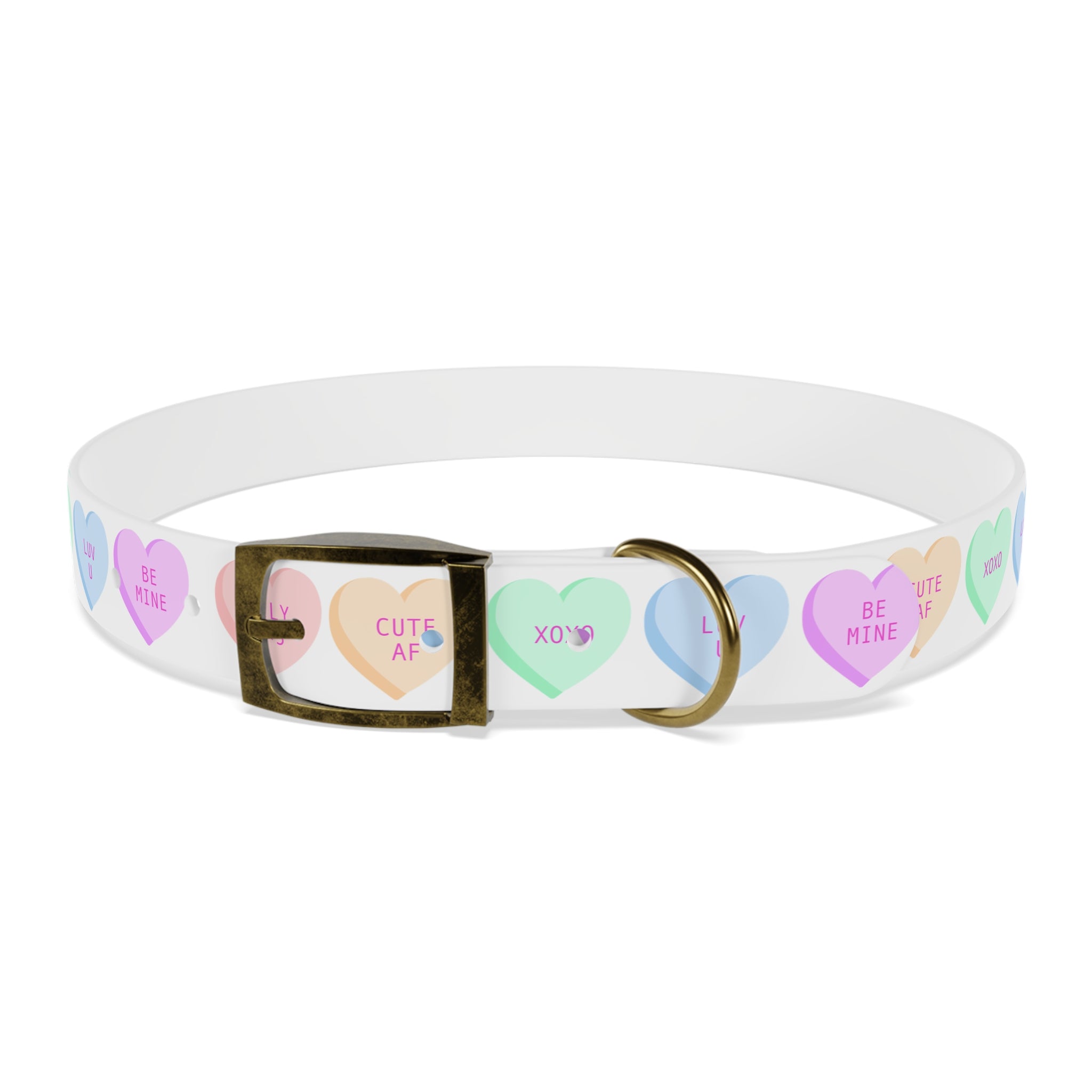Conversation Hearts Dog Collar – Pastel Valentine Pet Collar (“ILV <3”, “CUTE AF”, “XOXO”)