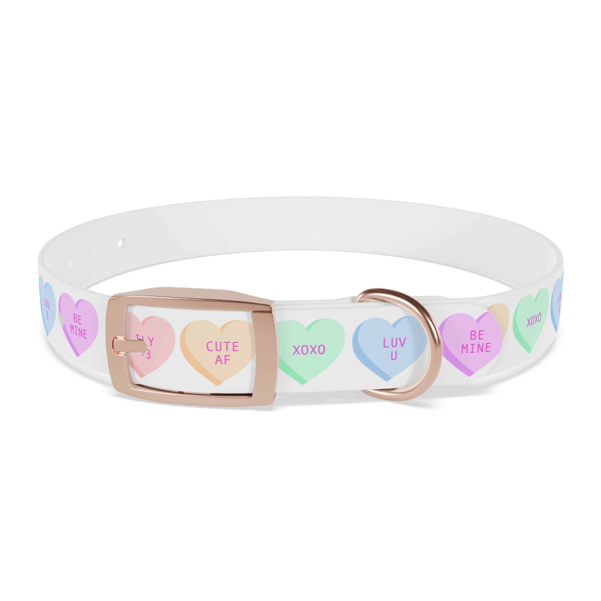 Conversation Hearts Dog Collar – Pastel Valentine Pet Collar (“ILV <3”, “CUTE AF”, “XOXO”)